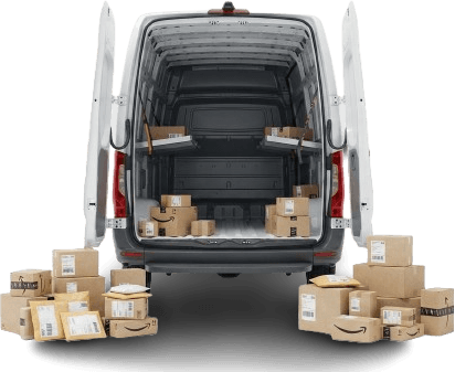 A delivery van with its rear doors open and parcels loaded around it